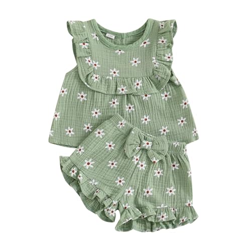 BemeyourBBs Summer Toddler Girl Clothes Baby Girl Ruffle Sleeveless Shirt with Buttons Bow Bloomers Shorts Set Cute Outfits