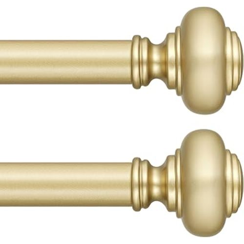 2 Pack Gold Curtain Rods for Windows 48 to 84 Inch, Decorative Heavy Duty Single-Side Adjustable 1 Inch Diameter Gold Curtain Rod, Boho Vintage Rustic Metal Drapery Pole for Farmhouse Bedroom