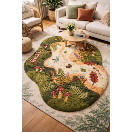Handmade Forest Tufted Rug, Whimsical Woodland Mushroom Frog Leaf Design
