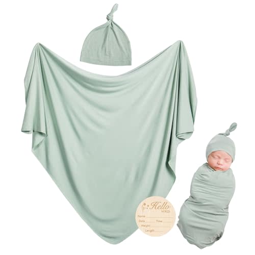 Rayon Made from Bamboo Newborn Swaddle Blanket Set with Matching Beanie, Super Soft Stretchy Baby Clothes Outfit for Girl Boy, Receiving Blankets Newborn Essentials, 35 x 35 Inch