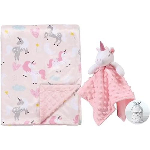 CREVENT Soft Cozy Baby Blankets for Boys Girls + Security Blanket, Set with A Gift Bag Newborn Essentials (Unicorn)