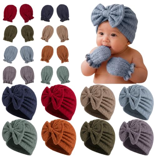 8 Sets Newborn Baby Girl Bow Hats and Mittens Turban Beanies 0-3M | Cotton preemie infant hospital cap. No-scratch gloves. Gorritos para recien nacidos niñas. Essential nursery shower gifts.