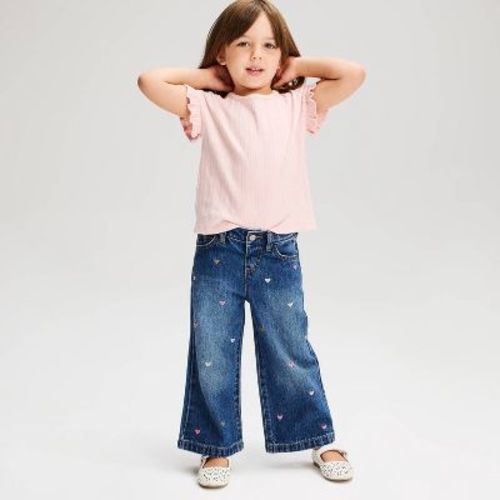 Toddler Girls' Heart Embroidered Wide Leg Denim Pants - Cat & Jack™ Dark Wash 2T