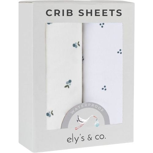 Ely's & Co. Patent Pending Waterproof Crib Sheets, 100% Cotton with Waterproof Lining - Built in Mattress Protector, 2 Pack Fitted Crib Sheet Set, Berry and Cluster Dot (Blue) 28” x 52”