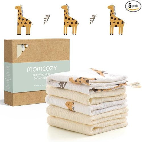 Momcozy Baby Washcloths - 4 Layer Design| Medium Thickness| Soft & Absorbent| Premium Cotton for Newborns'Skin-Great for Bathing, Wiping & on-The-go Use, Shower Gift and Essential(5 Pack, 10x10 inch)