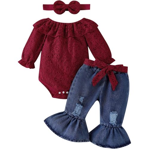 Baby Girl Clothes Lace Off Shoulder Romper Flare Jeans Pants Headband and Belt 4pcs Outfit 3-24 Months