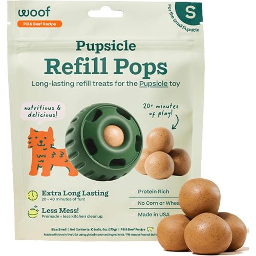 WOOF Pupsicle Refill Pops - Low-Mess Dog Snacks - with Peanut Butter and Beef - Dog Treats - Long Lasting - Small Pops - 10 Count