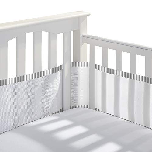BreathableBaby Breathable Mesh Liner for Full-Size Cribs, Classic 3mm Mesh, Gray Seersucker (Size 4FS Covers 3 or 4 Sides)