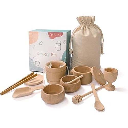 Montessori Sensory Bin Toys for 1 Year Old Toddlers, 11pcs Wooden Waldorf Toys - Wooden Scoops and Tongs for Transfer Work and Fine Motor Skills Development