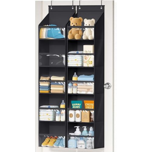 AOODA 2 Pack Over the Door Organizer, Large Capacity Closet Door Hanging Organizer, Clear Deep Pockets Baby Storage for Nursery, Bathroom, Bedroom, Pantry, Diapers (Black)