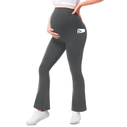 Walifrey Maternity Flared Leggings with Pocket Over The Belly Buttery Soft Pregnancy Yoga Pants for Workout