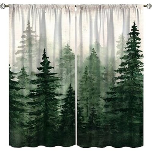 Misty Forest Curtains, Watercolor Abstract Forest Pine Trees Green Plants Natural Landscape Bedroom Living Room Window Curtains 42x45 Inch
