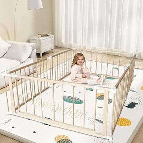 Natural Wood Baby Playpen with Gate & Anti-Slip Base, Large Safety Play Fence for Babies & Toddlers, Portable 6 Panel Kids Activity Center, 26" Tall Indoor Play Yard