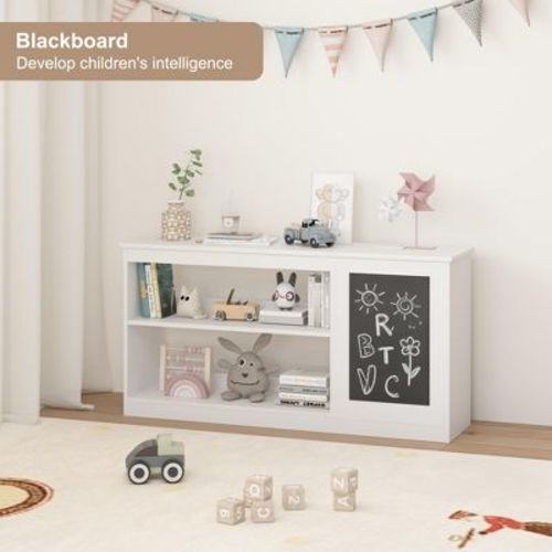 Gulches 3 in 1 Kids Bookshelf Toy Storage Cabinet With Chalkboard Modern White Organizer Dual Open Shelves Large Bin For Playroom