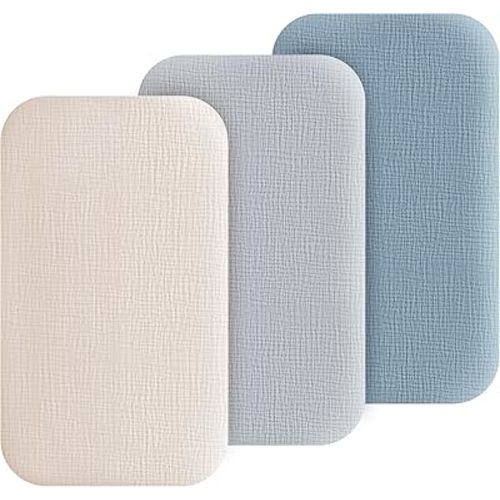 Muslin Bedside Sleeper Bassinet Fitted Sheets, 3 Pack Cotton Baby Sheet for Boys & Girls, Soft, Compatible with Baby Delight, Dream On Me, AMKE and Other Rectangle Mattress (Blue)