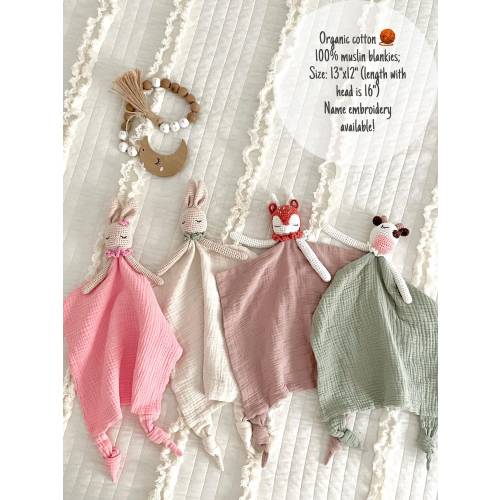 Organic Cotton Muslin Blanket Lovey, Crochet Animal Rattle