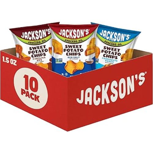 Jackson’s Sweet Potato Kettle Chips Avocado Oil Variety Pack (1.5 oz, Pack of 10) Sea Salt, Ranch and BBQ Flavors - Allergen-friendly, Gluten Free, Vegan