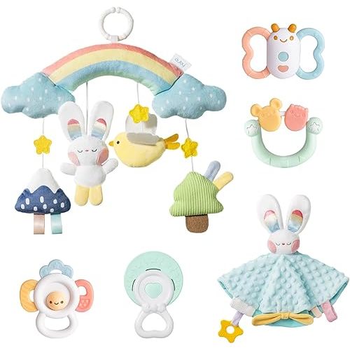 Cozy Bunny Newborn Gift Set - 6-in-1 Baby Soothing Essentials with Teethers, Plush Blanket & Hanging Toys for Crib,Stroller,Sensory Development,Machine Washable