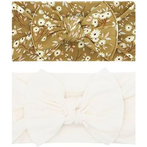 Baby Bling Bows - Newborn to Little Baby Girl Bows, 2PK PRINT SOLID KNOTS Nylon Super Soft Stretchy Toddler Headbands, Perfect Hair Accessories Head Bands for Infant Kids (Ginger & Ivory)