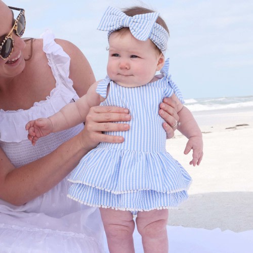 Tiered Skirt with White Pom Trim | Seersucker Blue