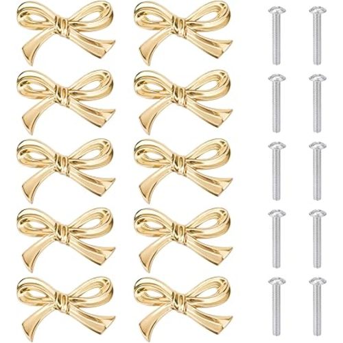 Gosknor 10pcs Bow Shape Cabinets Knobs, Gold Vintage Bow Dresser Knobs Drawer Pulls Decorative Handle for Home Dresser Kitchen Wardrobe Drawer Cupboard Pulls