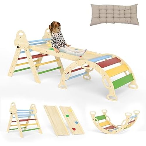 Pikler Triangle Set 7in1 Toddler Climbing Toys Indoor Foldable Baby Climbing Toys Wooden Montessori Climbing Set with Arch, Ramp, Ladder for 1-3 Years, Jungle Gym for Kids