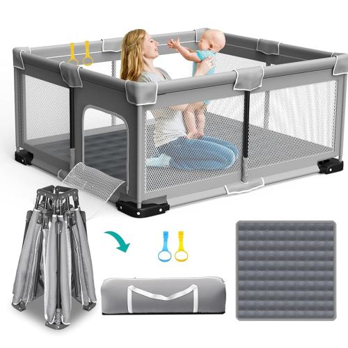 Foldable Playpen for Babies and Toddlers, 71"x59" Inches Portable Playpen with Mat, Kids Collapsible Play Pen with 2 Handlers, Indoor & Outdoor Baby Play Area with Visible Mesh (Light Gray)