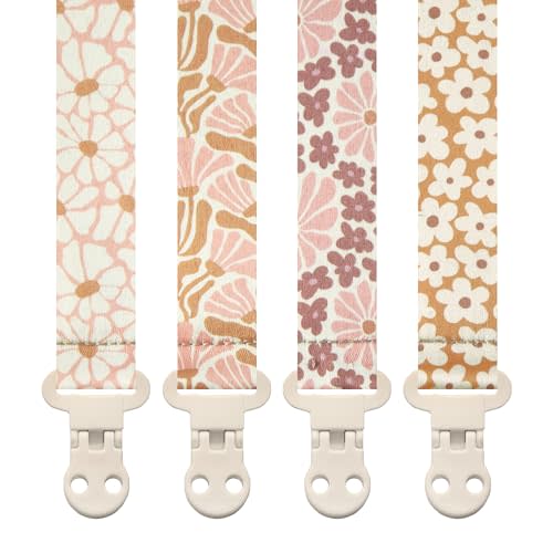 Stadela Baby Pacifier Clip Holder - Girl 4 Pack Gift Set – Boho Modern Pink and Beige Flowers Floral (Nolana)