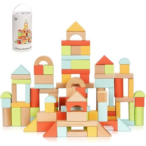 Pidoko Kids 100pcs Building Blocks for Toddlers 1-3, Wooden Blocks for Kids with Storage Bucket and Shape Sorter Lid Montessori Toys for 1 2 3 Year Old, Learning Toys for Preschool Girls and Boys