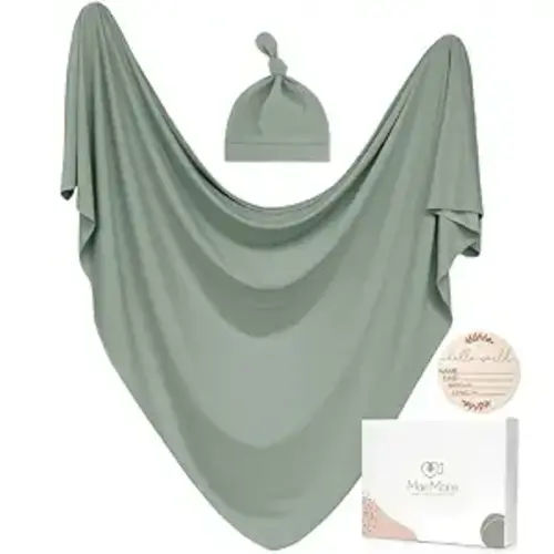 Baby Swaddle Receiving Blankets with Matching Beanie Set Newborn Nursery Swaddle Wrap for Baby Girls and Boys (Green)