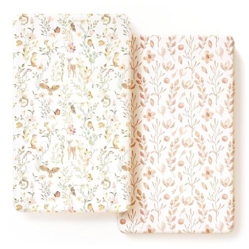 Stretch Ultra Soft Jersey Knit Fitted Crib Sheets Set 2 Pack,Fit All Standard Crib Mattress Pads Safe and Snug, Crib Fitted Sheet for Girls, Beautiful Blush Pink Floral and Cute Animals Print