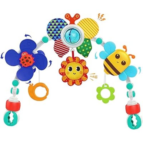 Baby Stroller Arch Toy, Interactive Activity Bar with Spinning Ball, Windmill, Sunflower, Adjustable Bone Joints, Teether Toys