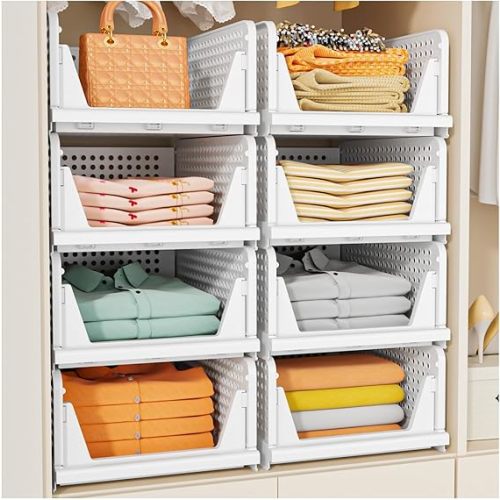 SNSLXH 5 Pack White Stackable Closet Organizer Box, Multifunctional & Foldable Storage Basket for Bathroom, Kitchen, Laundry Room, Wardrobe, Space-Saving Clothes Storage Drawer Organizer