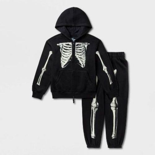 Kids' Adaptive Skeleton Fleece 2-Way Zipper Hoodie and Jogger Pants Set - Cat & Jack™ Black M