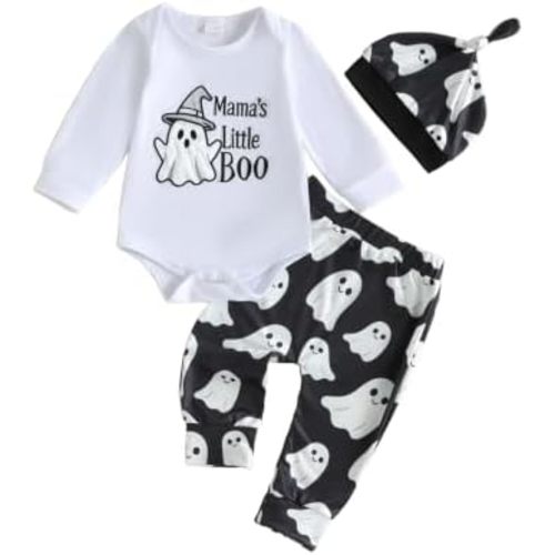 Newborn Baby Boy Halloween Outfit Ghost Romper Pants Hat Set