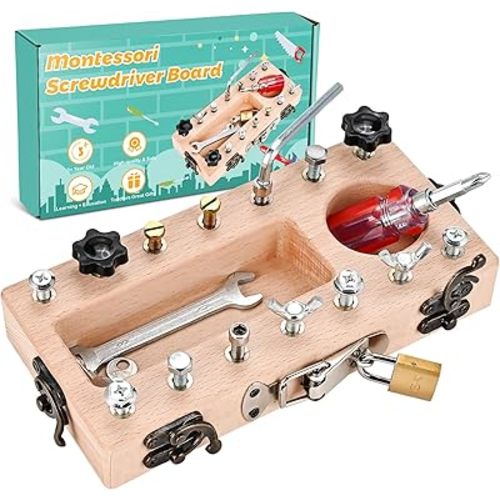 Montessori Screwdriver Board Set with Lock and Key, Montessori Toys for 3 4 5 Year Old, Wooden Screw Driver Activities Tools, Fine Motor Skills Preschool Learning Sensory Toy