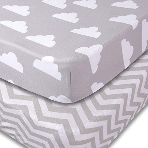 Jomolly Crib Sheets, 2 Pack Unisex Clouds and Chevron Fitted Soft Jersey Cotton Bedding