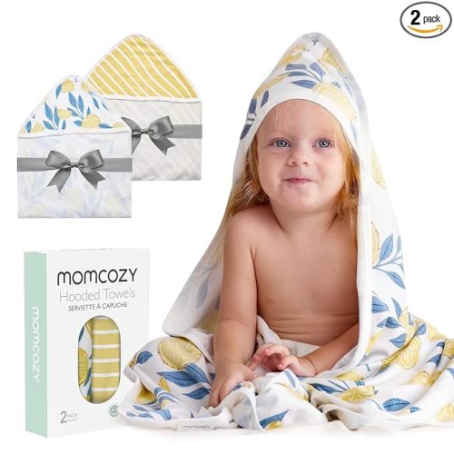 Momcozy Hooded Baby Towel, 2 Pack Baby Bath Towel Set with Large 35 X 35 Inch, Super Soft Cotton and Hooded Towel for Newborn, Toddler and Kid, Lemon Leaves