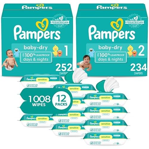 Pampers Baby Dry Disposable Baby Diapers Starter Kit, Sizes 1 (252 Count) & 2 (234 Count), with Sensitive Water Based Baby Wipes 12 Flip-Top Packs (1008 Wipes Total)