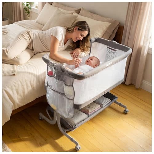 KRIDDO 2-in-1 Baby Bassinet for Infant, Bedside Bassinet with All-around Breathable Mesh, Lockable Wheels, Adjustable Height and Incline, Bedside Sleeper for Baby with Large Storage Basket, Light Grey