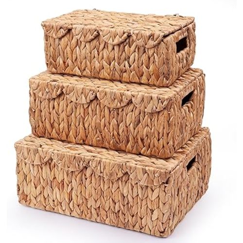 3 Pcs Large Wicker Storage Baskets with Lids 16" 14" 12" Scalloped Wicker Edge Basket Rattan Storage Rectangle Box Large Water Hyacinth Bins with Built in Handles for Living Room, Nursery