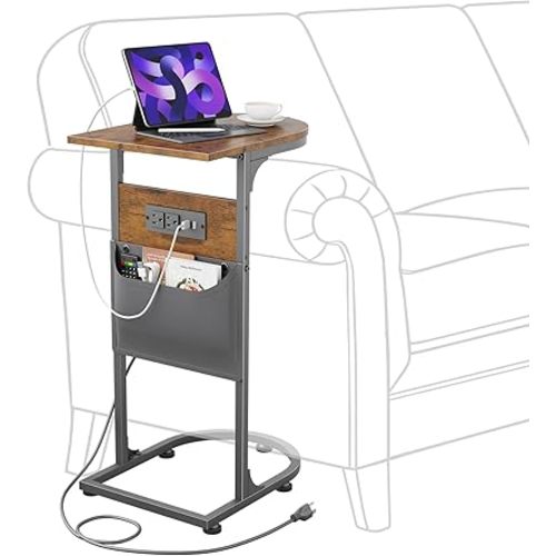 C Shaped End Table with Charging Station, Small Side Table for Couch, C Table for Sofa with Outlet Storage Bag, TV Tray Tables For Recliner Living Room Bedside Bedroom Small Spaces Rustic Brown