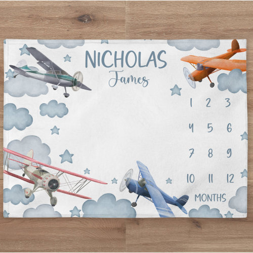Airplane Milestone Blanket, Personalized Aviation Baby Boy Month Blanket, Clouds And Sky Blanket, Personazlized Baby Gift, Baby Shower Gift