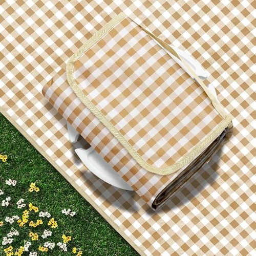 SAMSIER Outdoor Picnic Blankets Waterproof Foldable Sandproof, Extra Large Gingham Cute Picnic Mat Washable Portable for Park Beach Camping Courtyard (Coffee, 80"×80")