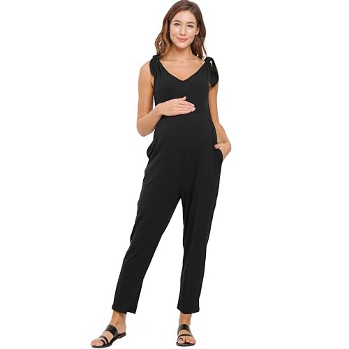 LaClef Womens Tank Sleeveless Shoulder Tie Maternity Jumpsuit with Pockets