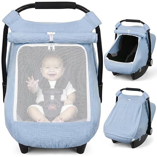 Rquite Car Seat Cover Baby Girl Boy, 100% Muslin Cotton Carseat Covers, Breathable Infant Windproof Canopy with Mesh Window, Stroller Sun Shade for Summer & Hot Day, Baby Blue