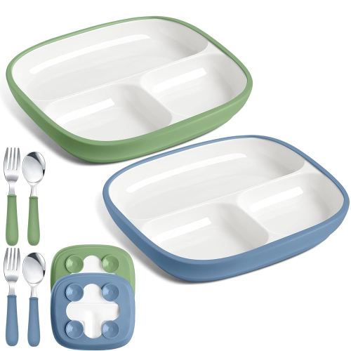 2 Pcs 8.2" Large Kids Porcelain Plates with Silicone Sleeves Toddlers Divided Plates Extra Deep White Porcelain Dishes 2 Pack Spoons and Forks Set Microwave Dishwasher Friendly(Blue,Green)