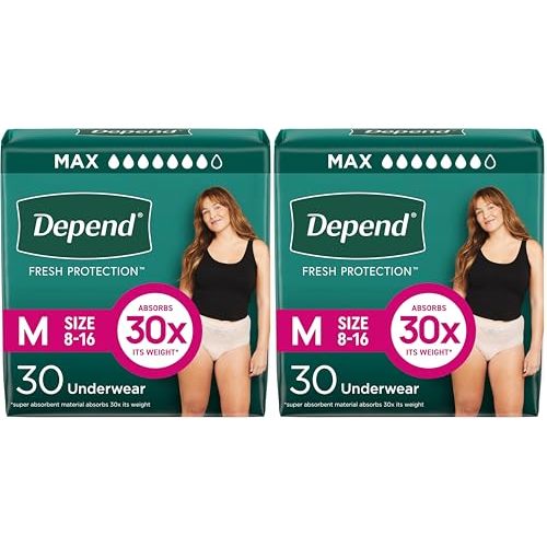 Depend Incontinence Underwear for Women, Medium, 60 Count | Maximum Protection | Blush | Disposable