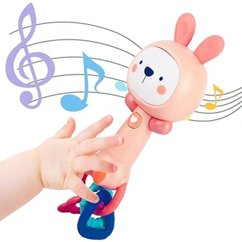 Soft Pink Bunny Baby Musical Rattle Toy - Light-Up Teether & Sensory Chew, BPA-Free Soft Rubber, Baby Shower & 1st Birthday Gift for 6-18 Months 1+ Year Old