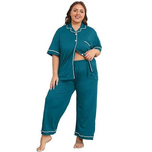 Vozanet Women's Plus Size Pajamas Button Down Shirt and Pants Soft Lounge Sets Bride Nighty Bottom with Pockets 1x to 5x